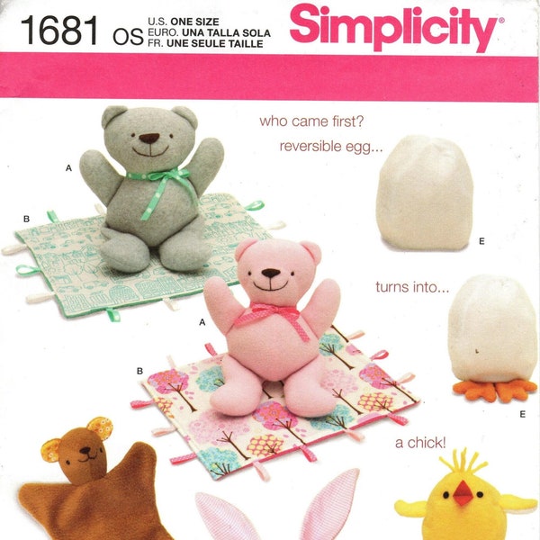 Simplicity Craft Pattern 1681 by ABBY GLASSENBERG - Stuffed 12 1/2" Bear, Blanket Animals and Chick Toy - Uncut