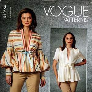 Sz 8/10/12/14/16 - Vogue Pattern R10564/V1700 - Misses&#39; Deep V-Neck, Loose-Fitting, Pullover Top w/Puffy Sleeves & Collar and Waist Ties