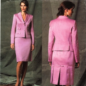 May include: A pink DKNY skirt suit pattern. The suit includes a blazer with pockets and a matching skirt. The pattern is for sizes 8-10-12. The Vogue American Designer logo is visible.