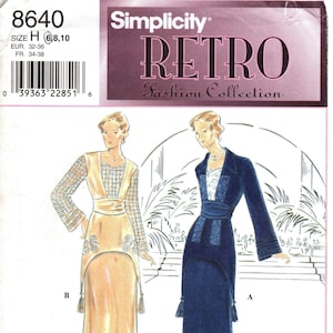 May include: Simplicity pattern 8640 Retro Fashion Collection for sizes H 6, 8, 10, EUR 32-36, FR 34-38. The pattern includes two dress designs: a blue dress with a long sleeve jacket and a beige dress with a lace overlay.