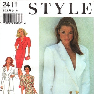 May include: A sewing pattern for a blazer with a heart-shaped button. The pattern is for sizes 8-18 and includes instructions for making a white blazer with a double-breasted closure.