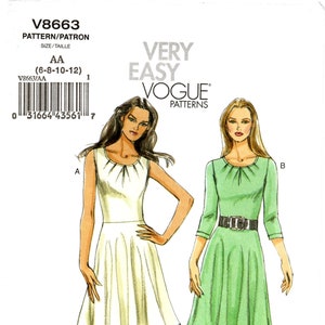 Vogue Sewing Pattern V8663 - Misses&#39; Scoop Neck, Pleated Neckline, Flared Dresses in Two Options - Very Easy Vogue - Sz 6/8/10/12