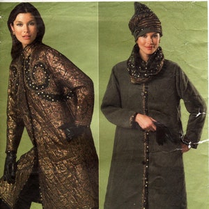 May include: A sewing pattern for a long, quilted coat with a decorative trim. The pattern is for sizes 6-8-10 and is from the Vogue American Designer collection by Koos Van Den Akker.