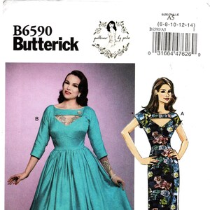 SZ 6 thru 14 - Butterick B6590 - Pattern by GERTIE - Misses' Fit & Flared or Straight Dress w/Diamond Neckline Cutout and Sleeve Options