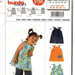 Burda Girls&#39; Sewing Pattern 9708 - Infants/Girls&#39; A-Line, Shoulder Tie Dress/Top in Three Options with Pants - Infants 6 Months thru Sz 3