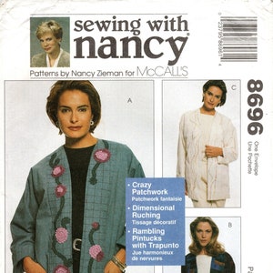 May include: Sewing pattern for a jacket with a patchwork design. The jacket has a blue base with pink and green floral embellishments. The pattern includes instructions for a crazy patchwork, dimensional ruching, and rambling pintucks with trapunto.