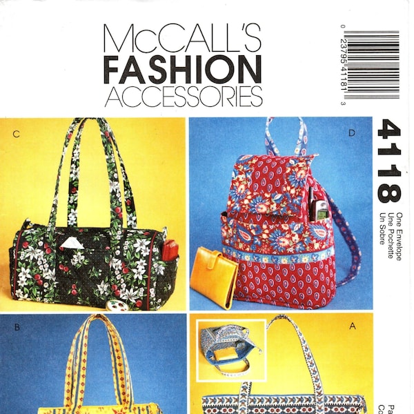 McCall's Accessories Pattern 4118 - Misses' Handbags from Pre-Quilted Fabrics - Tote Bags, Duffle/Overnight Bag/Backpack - Uncut