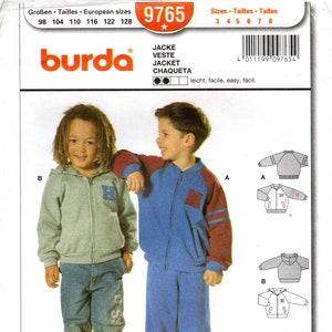 Patrón de costura infantil Burda 9765: chaqueta con capucha, cremallera delantera, cuello de punto acanalado y puños de canalé para niño/niño - Patrones Burda - Tallas 3 a 8