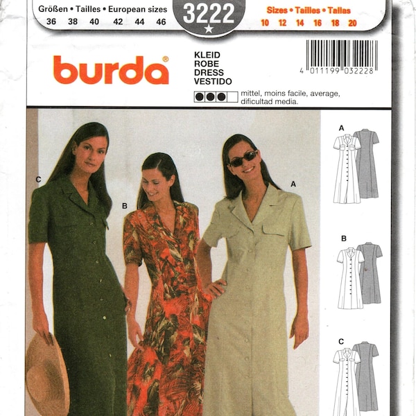 Burda Sewing Pattern 3222 - Misses' Slightly A-Line, Princess Seam, Button Front Dress w/Flaps and Length Options - Sz 10 thru 20