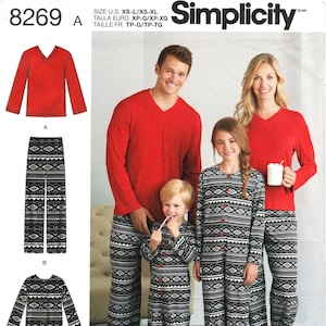 Einfachheits-Nachtwäsche-Muster 8269 - Erwachsene / Teenager-Pullover-Pyjama-Oberteil mit Überziehhose oder Kinder-Jumpsuit mit Knöpfen - Alle Größen enthalten