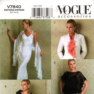 May include: A sewing pattern for four different scarf styles. The pattern is called Vogue Accessories V7840. The pattern includes a white scarf, a pink scarf, a black scarf, and a floral scarf.
