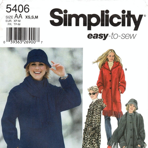 Sz XS/S/M - Simplicity Outerwear Pattern 5406 - Misses' Coat in Two Lengths, Scarf and Hat - Hat in Three Sizes S/M/L Included