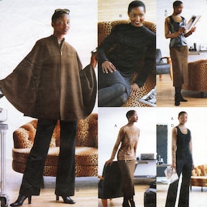 Op de afbeelding: Een naaipatroon voor vijf gemakkelijke kledingstukken. Het patroon omvat een cape, een top met lange mouwen, een rok, een top met luipaardprint en een broek. Het patroon is voor maten 6-8-10.