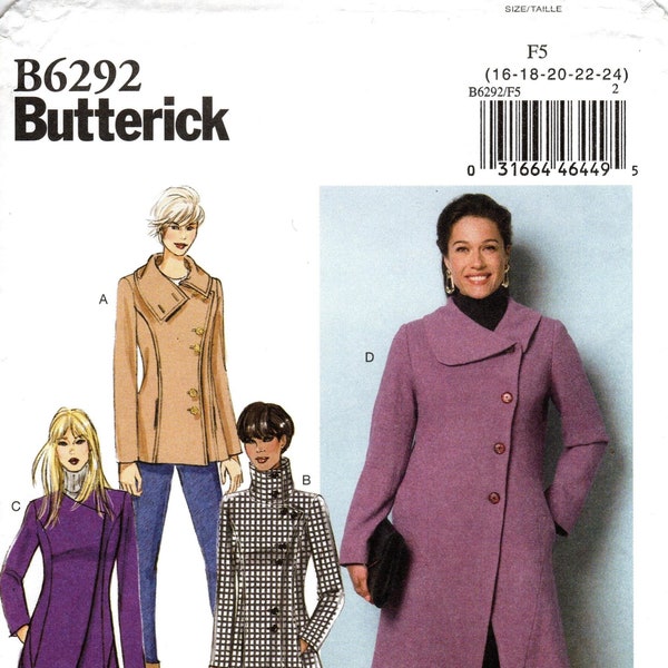 Sz 16/18/20/22/24 - Butterick Coat Pattern B6292 - Misses' Lined, Fitted Through Bust, Asymmetrical Coat w/Collar/Length/Seam Detail Options