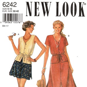 Sz 6 thru 16 - New Look 6242 - Misses&#39; Front Buttoned, V-Neck, Darted Tops w/Front Ties & Flared Skirt W/Four Sided Slit or Side Slit Short