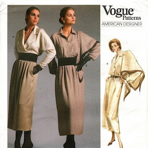 May include: A vintage sewing pattern for a dress by Calvin Klein. The pattern is for a long-sleeved dress with a plaid pattern and a matching belt. The pattern is from Vogue Patterns, American Designer, and is rated as average difficulty. The pattern number is 1956.