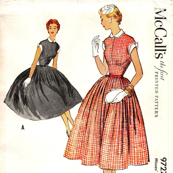 SZ 14/Bust 32" - Vtg 50s McCall's 9727 -  Misses' One-Piece Dress with Midriff & Waist Pleats with Flared Skirt and Peter Pan Collar/Cuffs