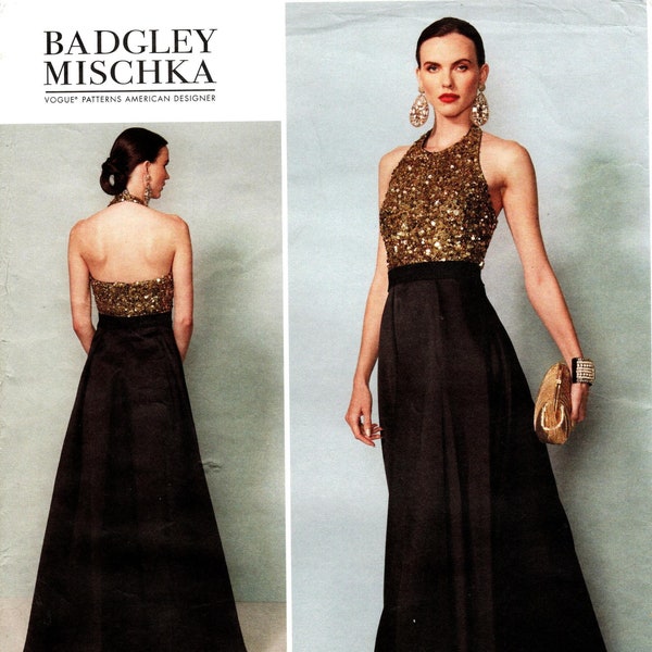 Vogue Sewing Pattern V1534 by BADGLEY MISCHKA - Misses' Close Fitting, Haltered, Contrast Bodice Evening Dress w/Flared Skirt - Sz 14 to 22