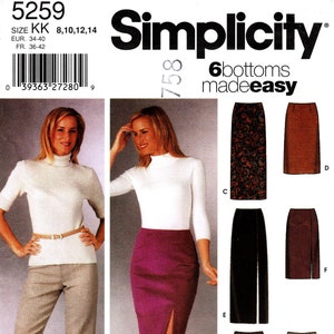 Op de afbeelding: Simplicity naaipatroon 5259 voor zes eenvoudig te maken onderstukken, waaronder rokken en broeken in diverse lengtes en stoffen. De patroonhoes toont illustraties van een witte coltrui met een geruite broek, een magenta rok met zijsplit en vier extra rok- en broekvarianten gelabeld van A tot F.