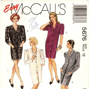 Sz 12 - Vtg 90&#39;s McCall&#39;s Pattern 5676 - Misses&#39; Loose-Fitting, V-Neck, Button Front, Wedge-Shaped Dress in Two Lengths