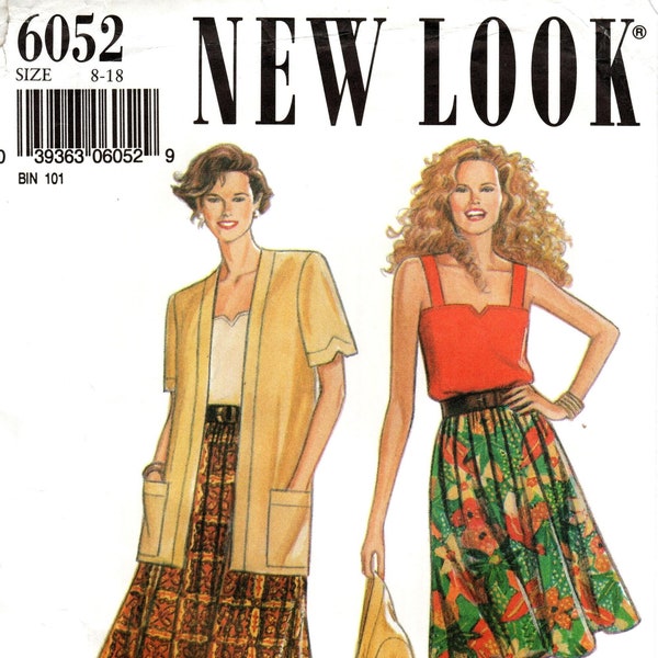 Sz 8 thru 18 - New Look Pattern 6052 - Misses' Collarless, Open Front Jacket, Camisole/Tank Top w/Notch Detail & Flared Skirt in Two Lengths