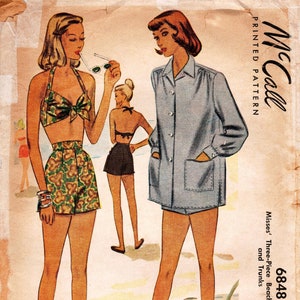 May include: A vintage McCall's sewing pattern for a three-piece beach ensemble and trunks. The pattern number is 6848, size 16, bust 34, 65c. The image shows a woman wearing a green and white patterned bikini top and shorts, and a blue button-up shirt.