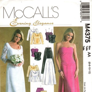 May include: McCall's Evening Elegance sewing pattern for a dress, size AA (6-8-10-12). The pattern includes a white lace top, a white skirt, a black leather skirt, a pink top, a gold skirt, and a pink strapless dress.