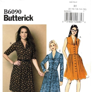 Sz 8/10/12/14/16 - Butterick Pattern B6090 - Misses&#39; Button Front, Yoked Dress with Gathered Collar & Pleated Skirt in Three Options
