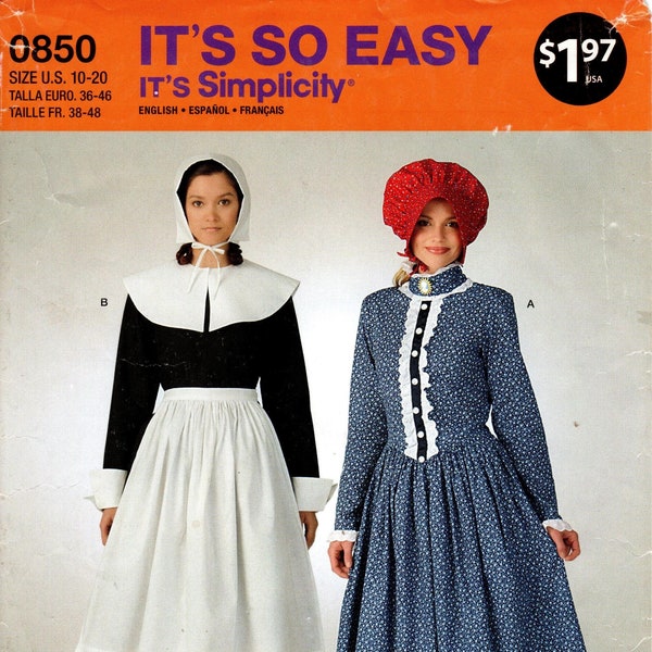 Sz 10 thru 20 - Simplicity Costume Pattern 0850 - Misses' Quaker Woman or Prairie/Settler Woman Dresses/Costumes