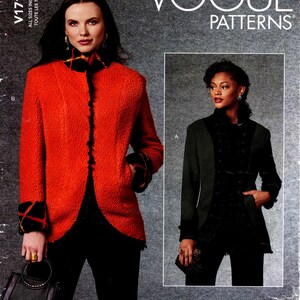May include: Vogue Patterns V1713 Today's Fit by Sandra Betzina sewing pattern envelope featuring two jacket styles. One jacket is bright orange with black trim and cuffs, while the other is dark green with black accents and a buttoned front closure.