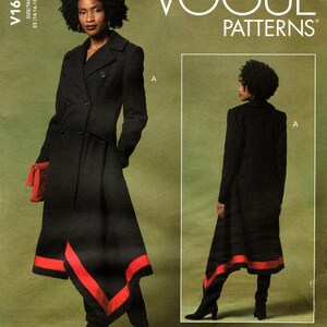 May include: Vogue Patterns V1649 sewing pattern envelope featuring a double-breasted black coat with a notched collar, long sleeves, and an asymmetrical hemline accented by a bold red stripe. The design includes a front and back view of the coat.