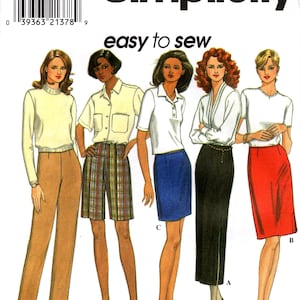 May include: Simplicity sewing pattern 8043 featuring five women's fashion designs. The designs include a long-sleeve top with pants, a short-sleeve shirt with shorts, a polo shirt with a skirt, a blouse with a long skirt, and a t-shirt with a skirt.