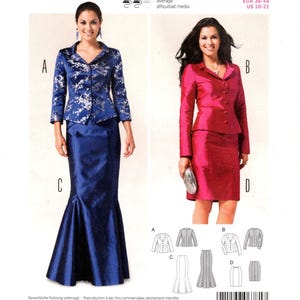 May include: A Burda Style 6781 sewing pattern envelope featuring two outfit variations. One shows a blue floral jacket with a long blue skirt, and the other shows a solid magenta jacket with a matching knee-length skirt, including technical line drawings.