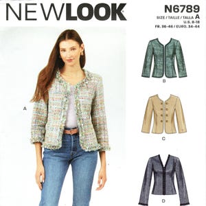 May include: A woman wearing a tweed jacket and blue jeans. The jacket is multi-colored with a fringe trim. The image also shows illustrations of other jacket styles, and the text "NEWLOOK" and "N6789".