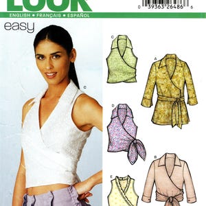 Puede incluir: Un patrón de costura New Look con tops y chaquetas cruzadas. El patrón incluye varios estilos, como un top cruzado con cuello, una chaqueta de manga larga con cinturón y un top cruzado sin mangas con lazo. Talla A 6-16.