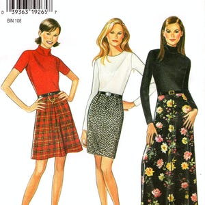 May include: A vintage sewing pattern from New Look featuring three different outfit designs. The outfits include a red short-sleeved turtleneck with a plaid skirt, a white long-sleeved top with a patterned skirt, and a black turtleneck with a floral skirt.