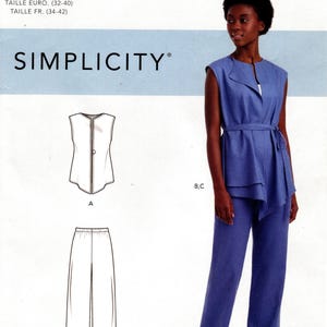 Può includere: Modello di cucito Simplicity R10604 per un completo a due pezzi. Il modello include un top senza maniche e pantaloni a gamba larga. La modella nell'immagine indossa un completo blu. Il modello è facile da cucire e include le taglie US 6-14.