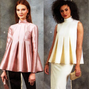 Vogue-naaipatroon R11574/V1909: geplooide juffrouw, truitop met verhoogde kraag, achterkant met knopen en lussen boven de split (m, S t/m XXL)