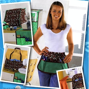 May include: Simplicity sewing pattern 2679, featuring a woman wearing a sewing apron. The apron has a brown fabric with white pins and a green bottom. The image includes sewing accessories and a sewing machine.