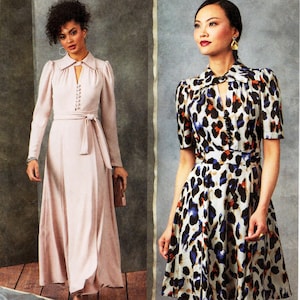 May include: Vogue Patterns sewing pattern R11573 showing two dresses. One is a long, pale pink dress with a tie belt. The other is a short-sleeved dress with a black, blue, and orange animal print. The pattern is designed and printed in the USA.