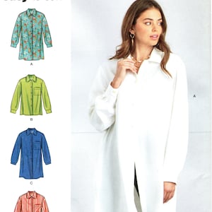 May include: Simplicity sewing pattern R11693, featuring a long-sleeve shirt design. The pattern includes options for a floral print, green, blue, and red striped shirts. The image also shows a woman wearing a white shirt.