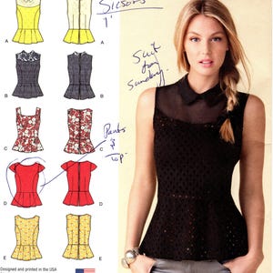 May include: Simplicity sewing pattern 1425 featuring various top designs. The pattern includes options for tops with different necklines, sleeves, and embellishments. The image also shows a woman wearing a black top with a sheer collar.