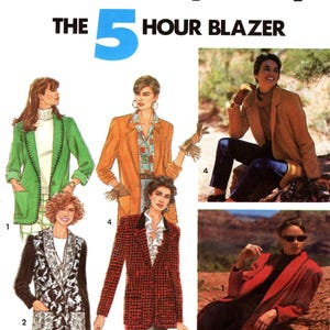 May include: Simplicity sewing pattern for a blazer, featuring multiple blazer styles in various colors and patterns. The pattern includes the text "The 5 Hour Blazer" and the Simplicity logo. The image also shows a size chart.