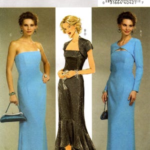 May include: Butterick B4731 sewing pattern showing three evening gown designs. The pattern includes a strapless blue gown, a black gown with a bolero, and a blue gown with long sleeves. Size AA (6-8-10-12).