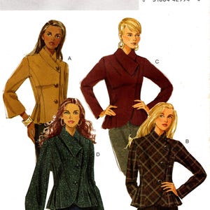 May include: Butterick sewing pattern B5393 for jackets in sizes 6-8-10-12. The illustration displays four jacket variations: a tan jacket, a dark red jacket, a dark green textured jacket, and a brown plaid jacket, all featuring asymmetrical button closures.