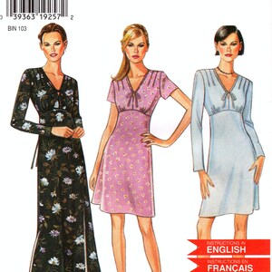 Pode incluir: Padrão de costura New Look com três modelos de vestidos. Os vestidos incluem um estampado floral de manga comprida, um floral rosa de manga curta e um vestido azul claro de manga comprida. Tamanho A 8-18, tamanhos EUR 34-44.