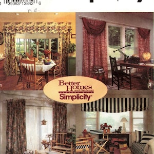 May include: Simplicity pattern featuring various window treatment designs. The image showcases different styles of curtains, drapes, and valances in a variety of patterns and colors. The text "Better Homes and Gardens" and "Simplicity" are visible.