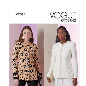 Vogue Sewing Pattern V2015 - Misses&#39; Lined, Collarless, Semi-Fitted Jacket w/Princess Seams and Trim Details - Pick Your Size