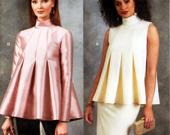 Vogue Sewing Pattern R11574/V1909: Misses' Box-Pleated, Pullover Tops have Raised Collar, Back w/Buttons & Loops Above Slit  (Sz S thru XXL)