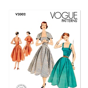 May include: Vintage Vogue sewing pattern V2002, reissue circa 1952 design, featuring three women wearing different styles of dresses. The dresses are a coral pink, a blue and white striped, and a teal blue.